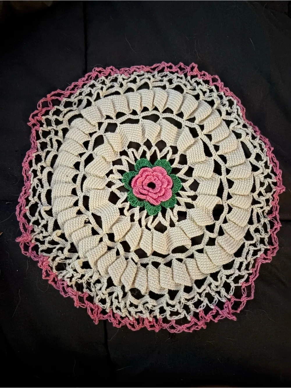 Handmade Crochet Doily with Pink Rose and Green Leaves